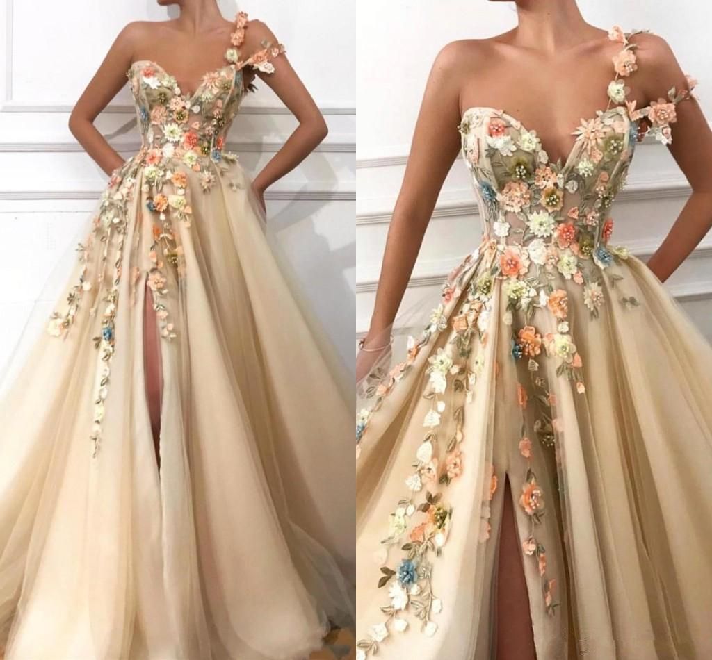 Flowers One Shoulder Prom Dresses With Handmade Flowers Appliques Side