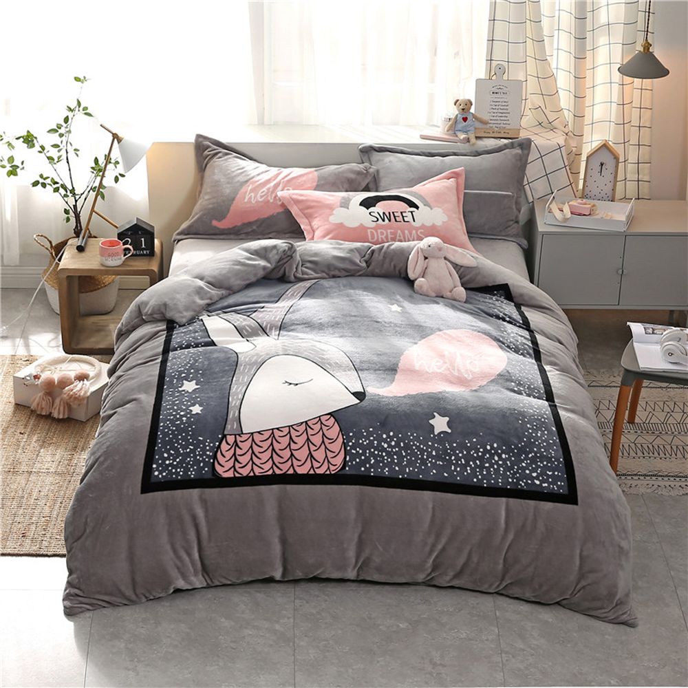 2018 Cute Animals Grey Plaid Winter Bedding Sets Flannel Fleece