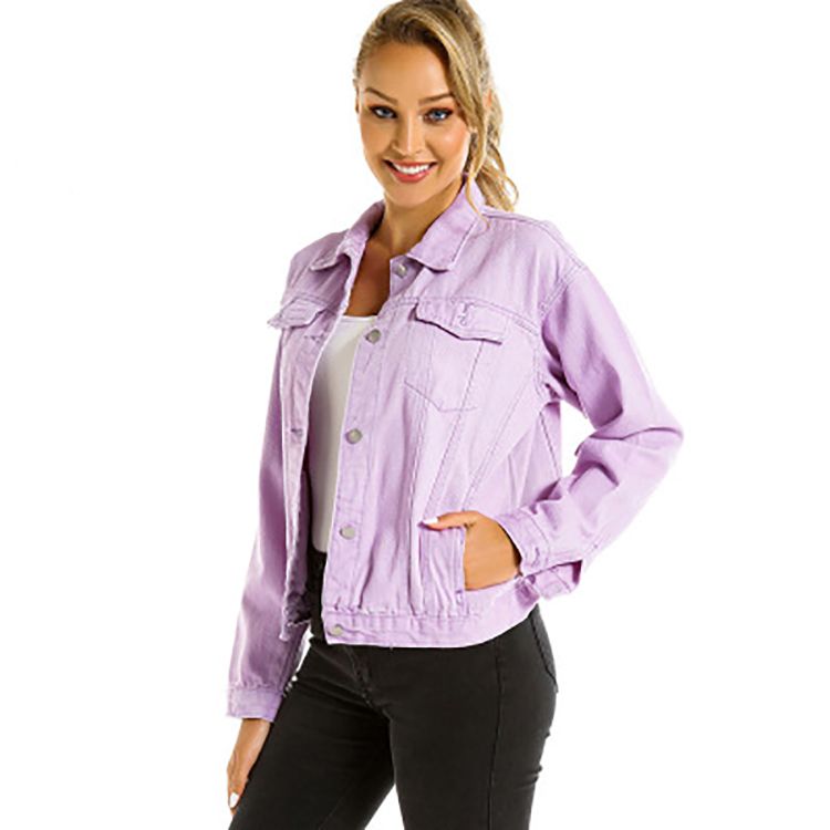 Purple Women Denim Jacket With Collar 