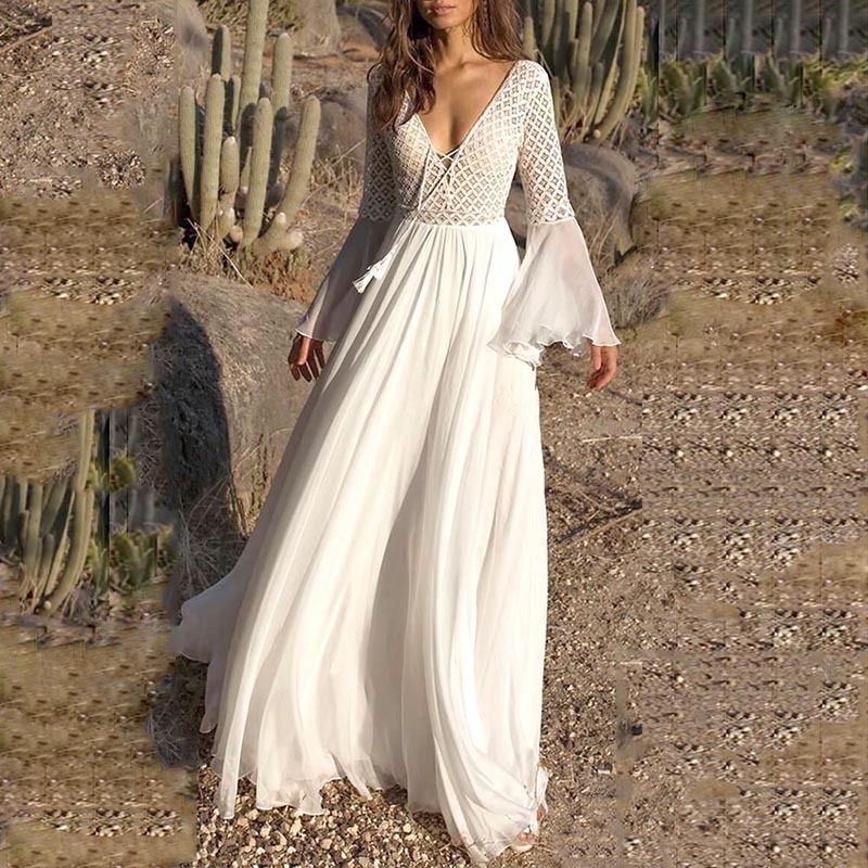 Absay Rizado Huerta Vestido maxi París Chica Bohoartist las mujeres del vestido largo de la  manga de la llamarada cuello en V de encaje hueco blanco Boho Chic  vacaciones vestidos de verano de mujeres