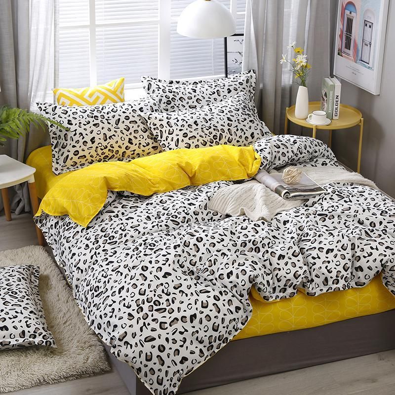 J Yellow white Leopard Print Home Bedding Sets Duvet Cover Bed Set  Pillowcase Flat Sheet King Queen Double Twin J /4pcs bed sets