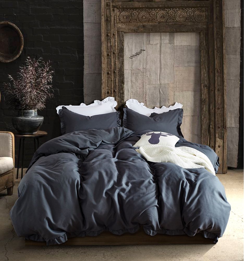 New Year Gift Solid Color Dark Grey Gray Flounced Bedding Duvet