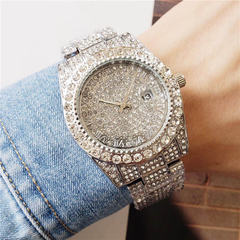 DE Business Mens Diamond Watch Male Designer Watches Round Full