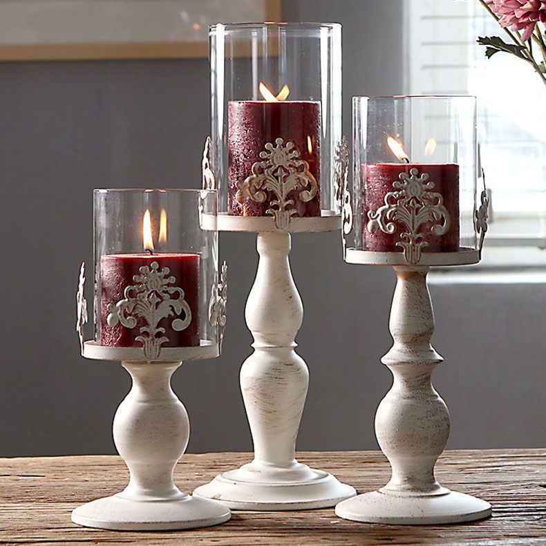 Vintage Iron Candle Holder With Glass Shade Pillar Candle Lantern