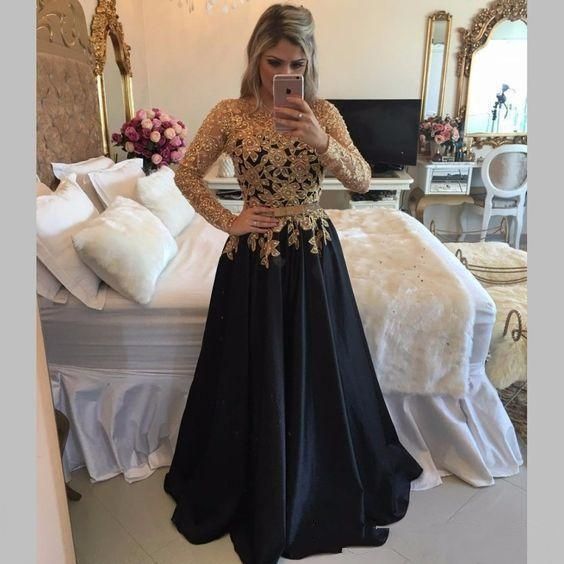 Compra Elegante Encaje Dorado Con Cuentas Vestidos De Noche Vestidos De  Fiesta Mangas Largas Vestido De Fiesta Largo Del Piso Vestidos De Fiesta  Formales Negros Vestidos De Graduación Barato | Entrega Rápida