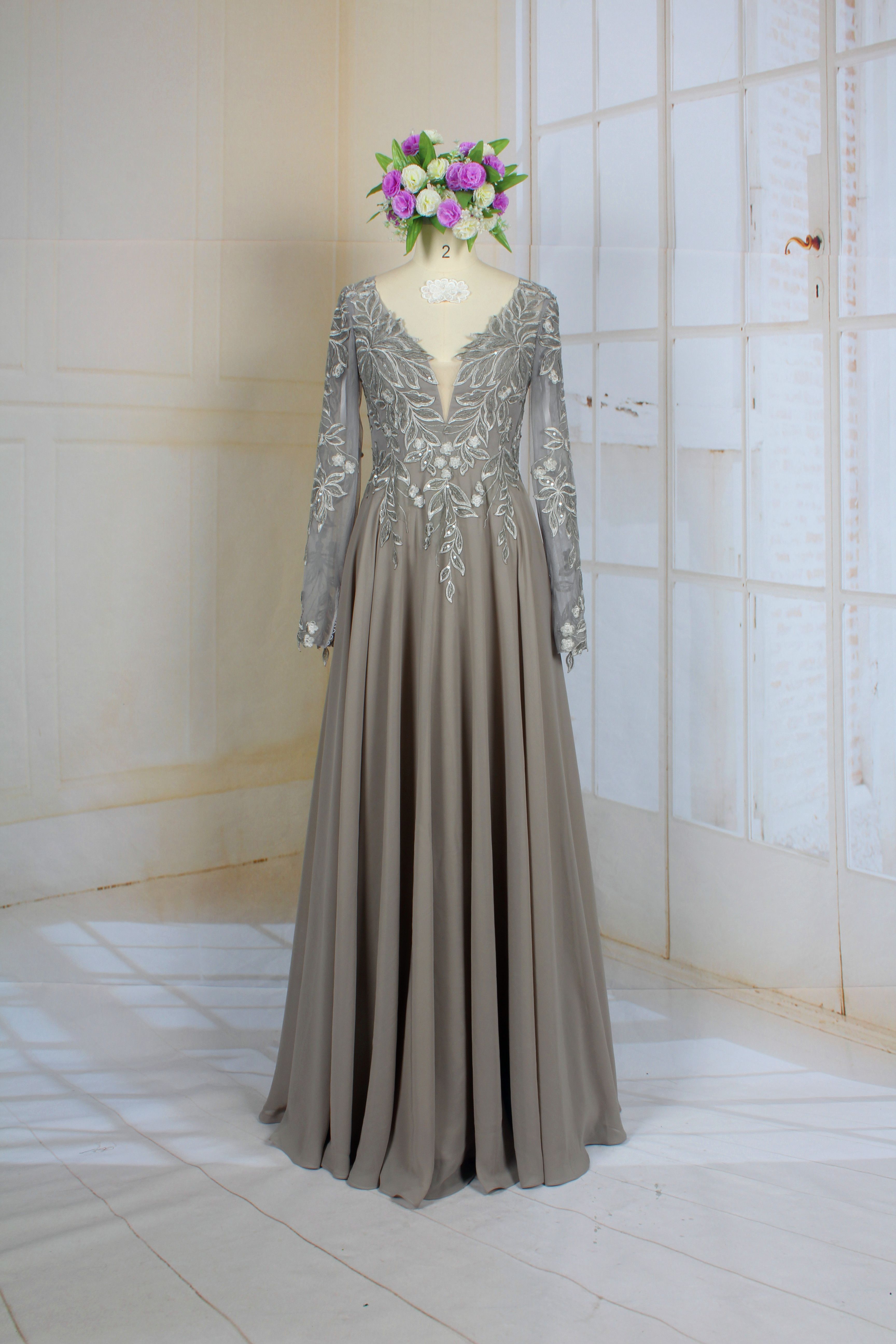steel grey evening gown
