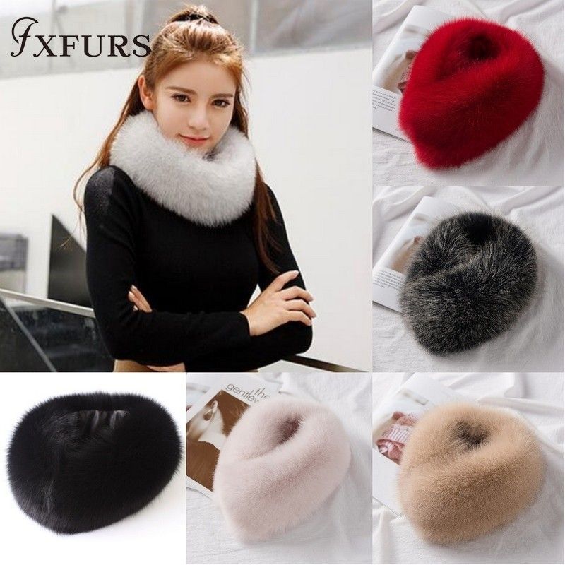 FXFURS 2019 estilo coreano Mujeres Winter Poder Mufflers de pieles reales con