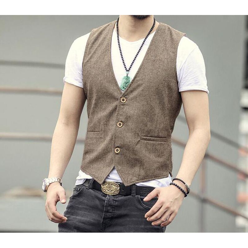 Mens Vests Men Single Breasted Vest Dress Suit Cotton Linen Gilet Slim ...