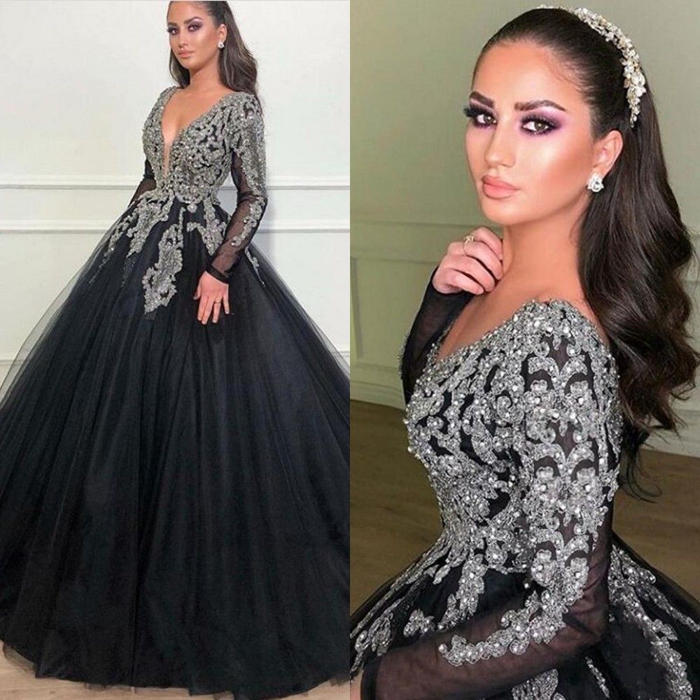 2020 Sexy Elegante Mujer Vestidos De Encaje Plateado Plateado Más Tamaño Largo Musulmán Árabe Bola Vestido Negro Vestido Noche Vestido Formal Fiesta De Fiesta De 208,96 € | DHgate