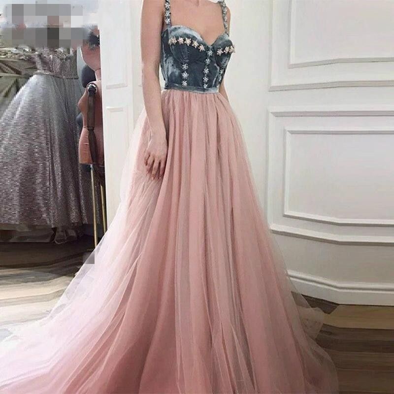 pink velvet prom dress