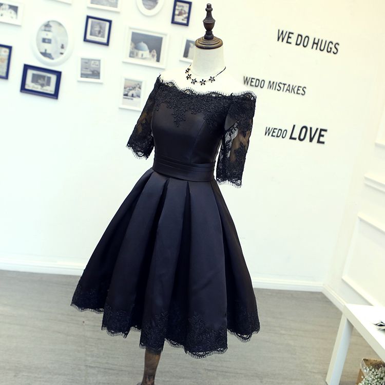 Compra Vestidos De Fiesta Cortos Negros Atractivos Con Mangas Bateau Escote  Longitud De La Rodilla Vestidos De Fiesta De Cóctel Formales Vestido De  Encaje Personalizado Fiesta De Bienvenida Menor Barato | Entrega