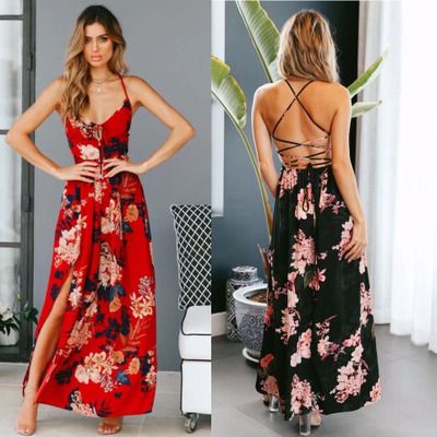 Compra Chica Rojo Estampado Floral Sexy Lace Up V Cuello De Las Mujeres  Maxi Vestidos De Verano Sin Espalda Playa Vestidos Largos Vestido Boho  Barato | Entrega Rápida Y Calidad | Es.Dhgate