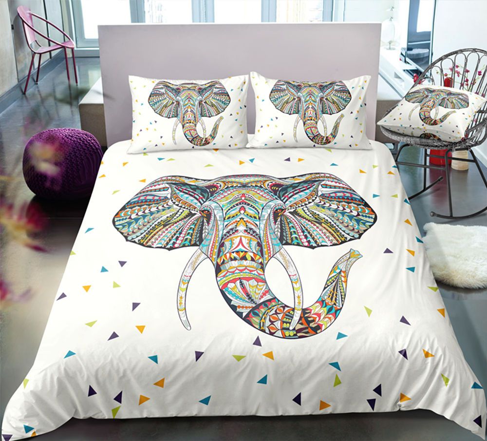 Beige Elephant Printed Bedding Set King Size Ethnic Style Duvet
