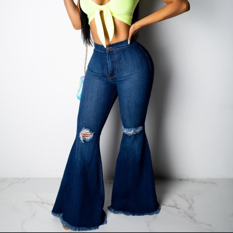 Compre Tamaño Más Pierna Ancha Pantalones Vaqueros De Talle Alto De La Gran Campana  Jeans Inferior Para La Rodilla De Las Mujeres De La Vendimia Agujero  Rasgado Largo De La Llamarada Del
