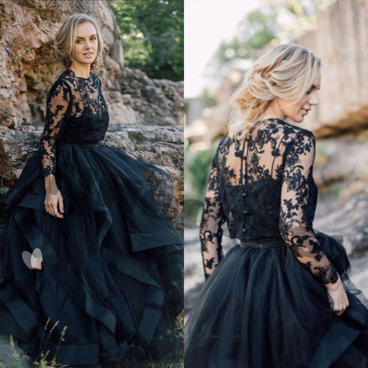 Beach Gothic Black Wedding Dresses With Long Sleeve Jacket Appliqued ...
