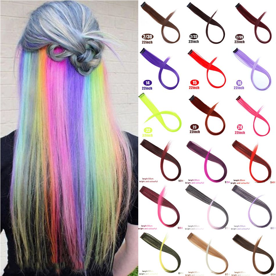MUMUPI Long Straight Fake Colored Hair Extensions Clip In Highlight Rainbow  Hair Streak Pink Synthetic Strands