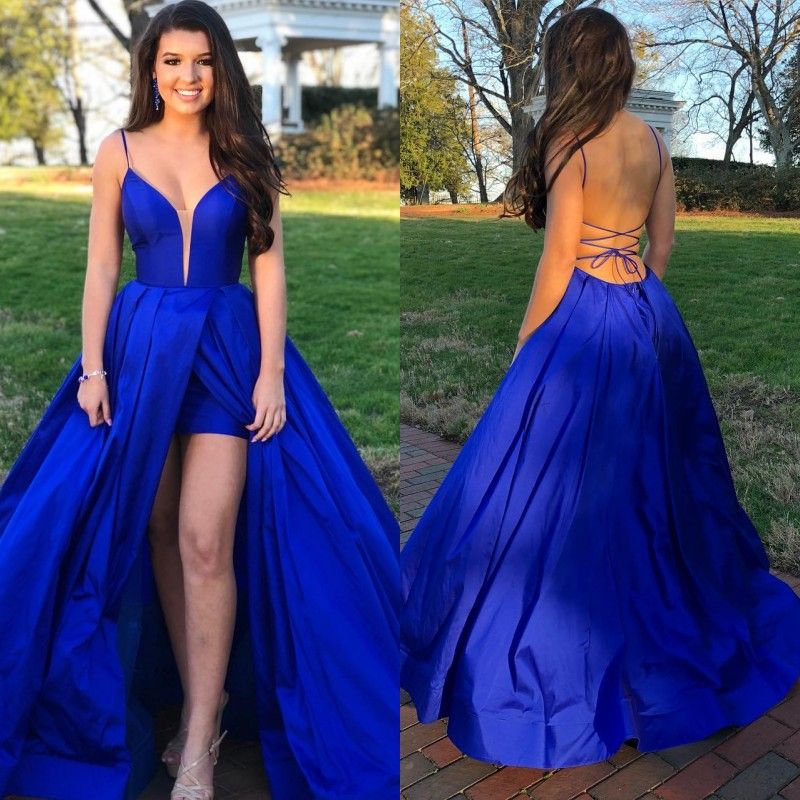 2020 Sexy Royal Blue Satin Mermaid Prom Dresses V Neck High Split