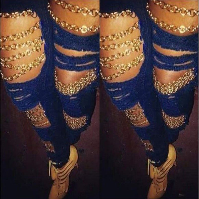 womens ripped jeans with chains