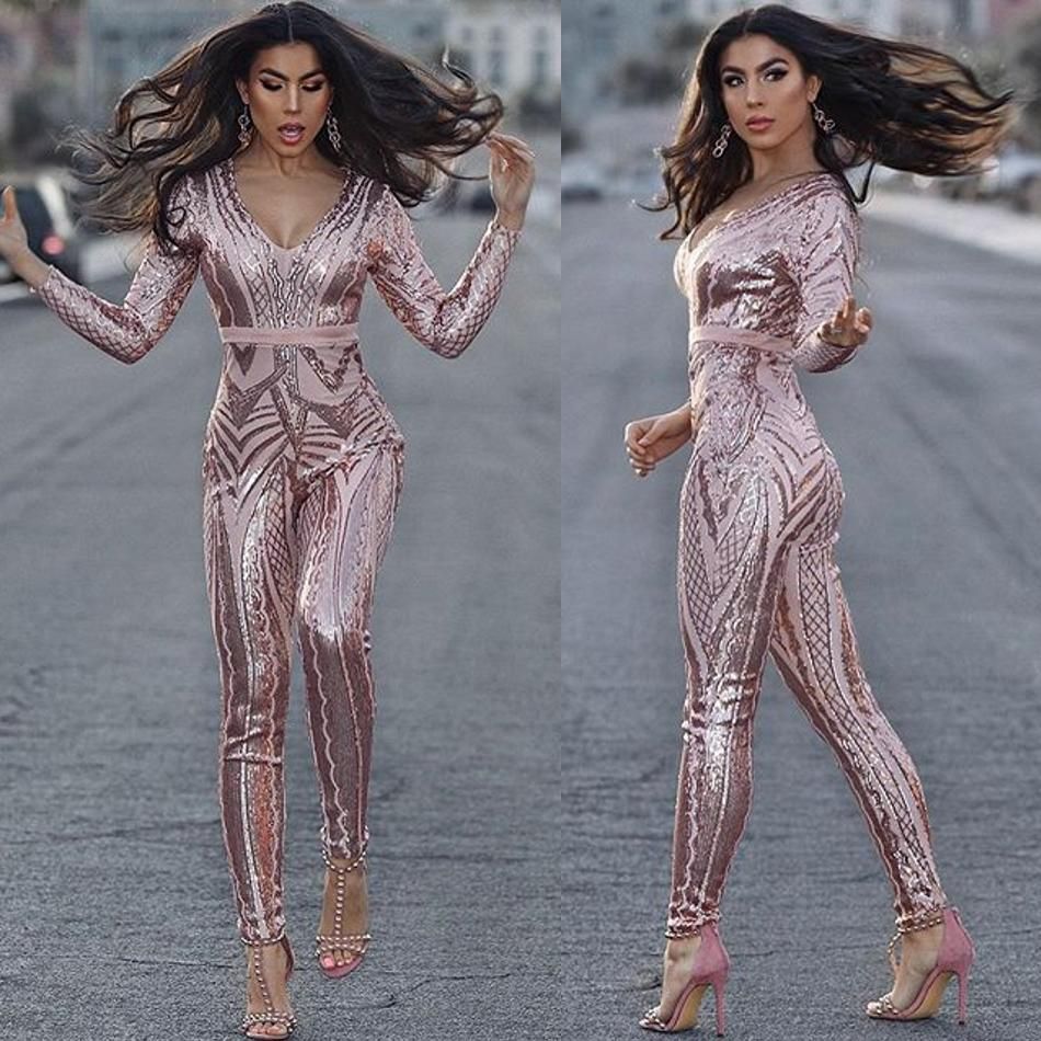 Rose Pink Jumpsuits Prom Dresses Long Sleeve Sexy V Neck Lace Sequined
