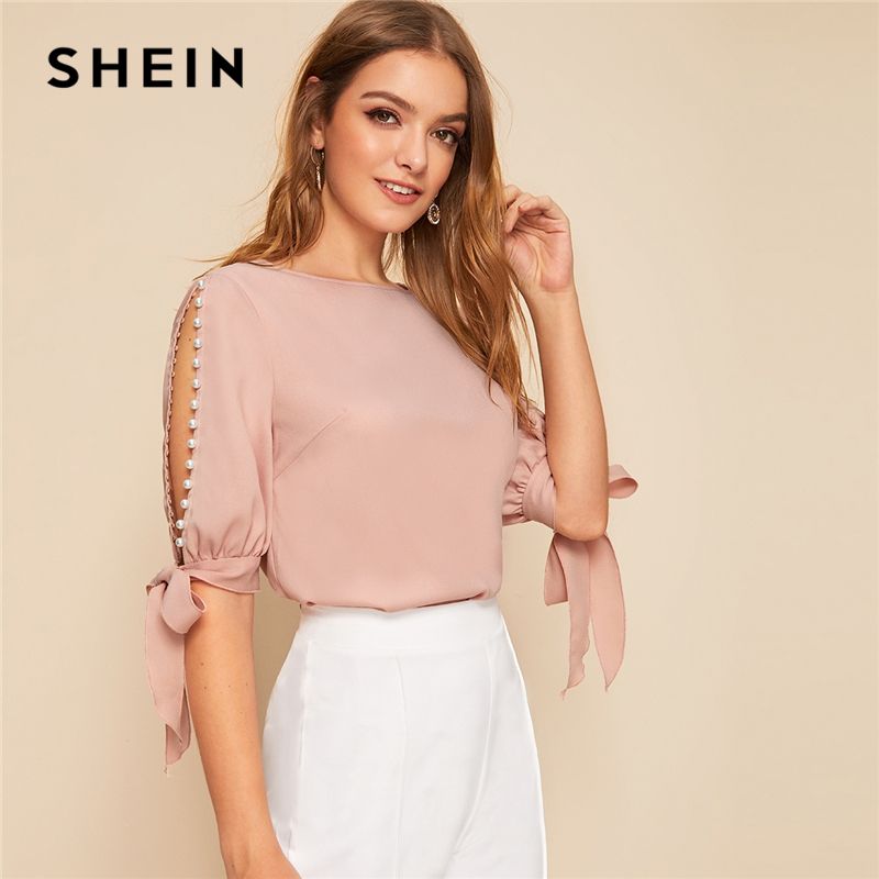 Shein sólido Perlas rebordear lateral Nudo Puño elegante tapas de las mujeres 2019 La