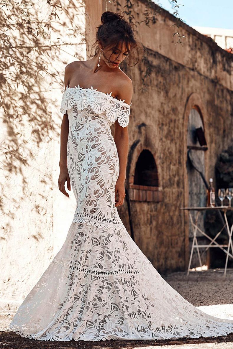 Compra Vestido De Encaje De Europa Y América Del Banquete Vestido Largo  Elegante Vestido De Novia Blanco Dobladillo Hombro Cola De Pescado Novia  Barato | Entrega Rápida Y Calidad | Es.Dhgate