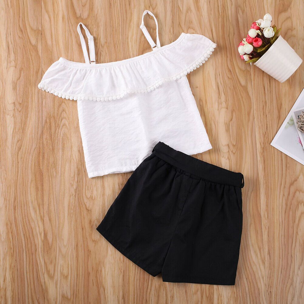 Toddler Girl Outfits,Kids Baby Girl Bow Lace Halter Striped T Shirt Tops+Pants Outfit Clothes Set,Girls Novelty Swimwear,White,110