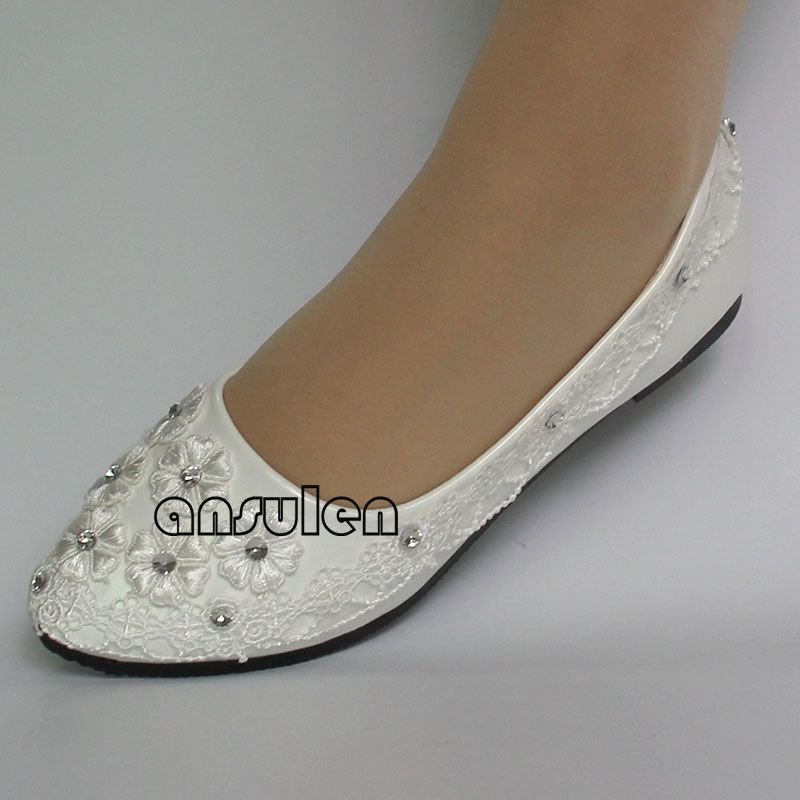 2020 Flat White Lace Wedding Shoes Round Toe Bridal Shoes Women