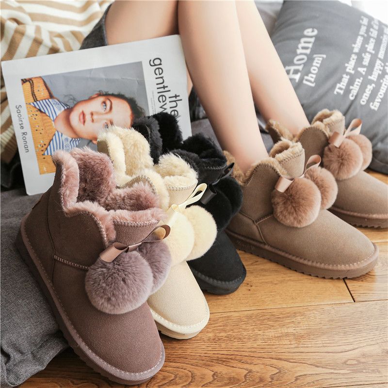 Girl Kids Pom Pom Calf Martin Boots Winter Warm Fur Snow Booties Lace Up Shoes