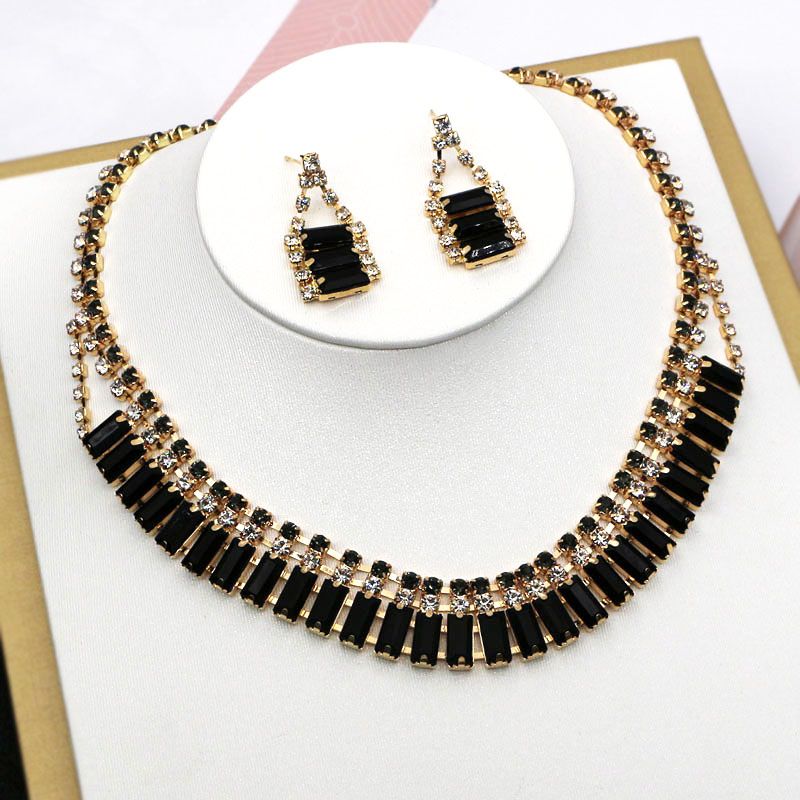 Black/Gold Bridal Jewelry Sets Necklace Earrings Bridal