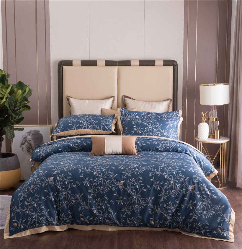 Shabby Vinatge Birds Leaves Floral Navy Blue Duvet Cover Set King