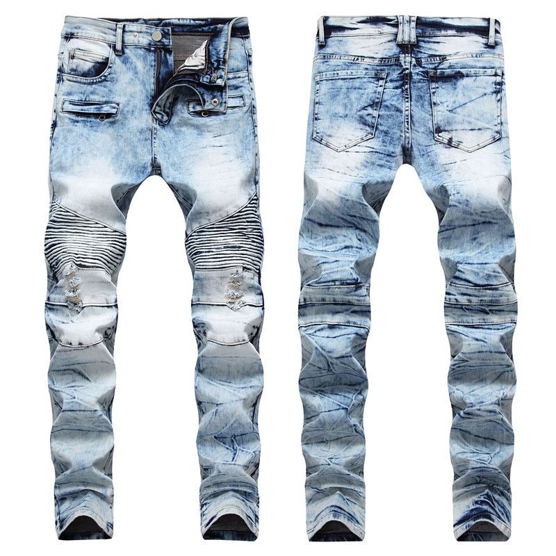 2020 FashionDesigner Mens Ripped Biker Jeans Leather Patchwork Slim Fit ...