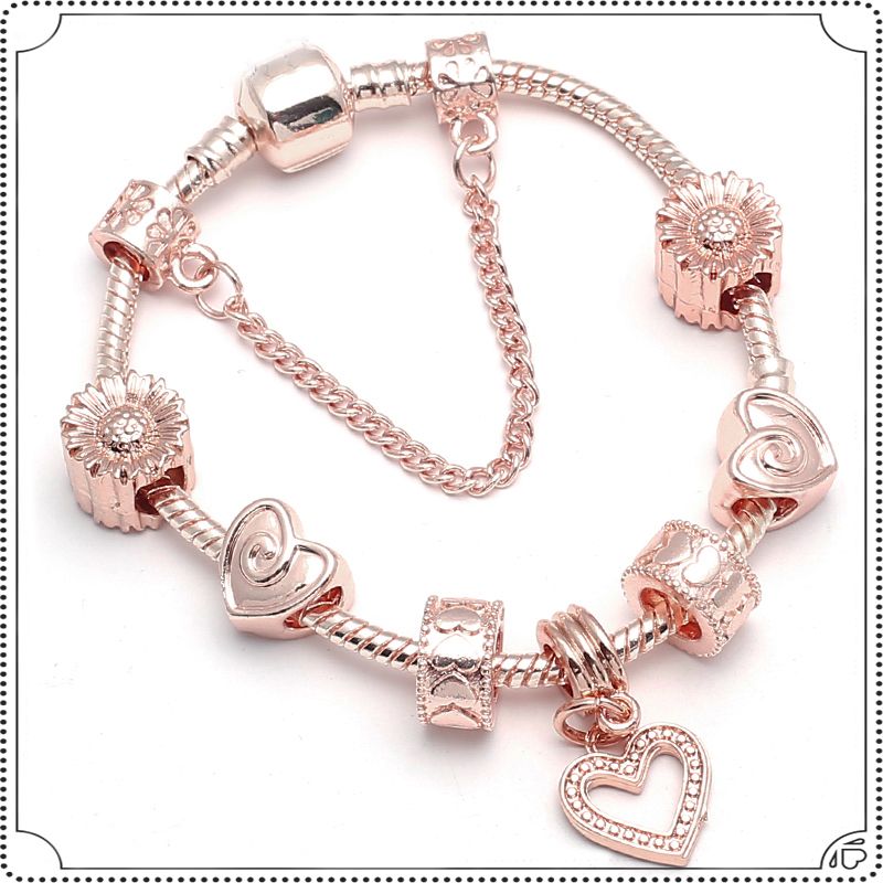 FHLJguil Gold Color Heart Pendant Charm Bracelet Hollow Love Beads Fine Bracelet & Bangle for Women Lover Jewelry RED 20cm 
