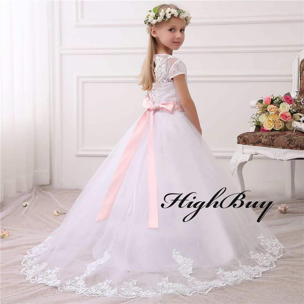 flower girl dress with pink sash
