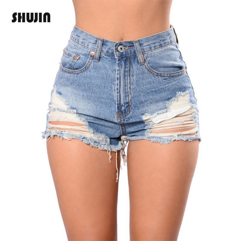 Shujin 2018 Summer Denim Short Jeans cintura alta agujero rasgado Shorts moda Casual Slim Plus