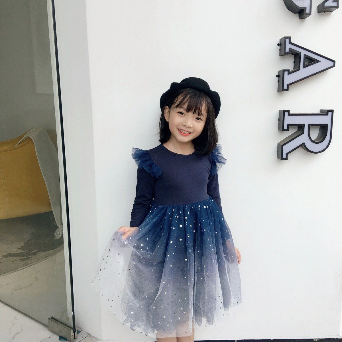 Niñas vuelo de manga larga Vestido de malla tutú de los niños del estilo coreano Ins Niñas vuelo de manga larga Vestido de malla tutú de los niños del estilo coreano Ins