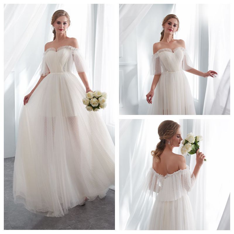 DiscountOff Shoulder Half Sleeve White Maternity Wedding Dresses Sweep  Train Casual Wedding Dresses Waterfall Skirt Wedding Gowns Online From  Mirusponsawedding, $114.58 | DHgate.Com