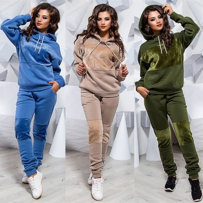 Mujeres invierno con capucha 2pcs conjunto de moda con paneles 2pcs pantalones ropa para