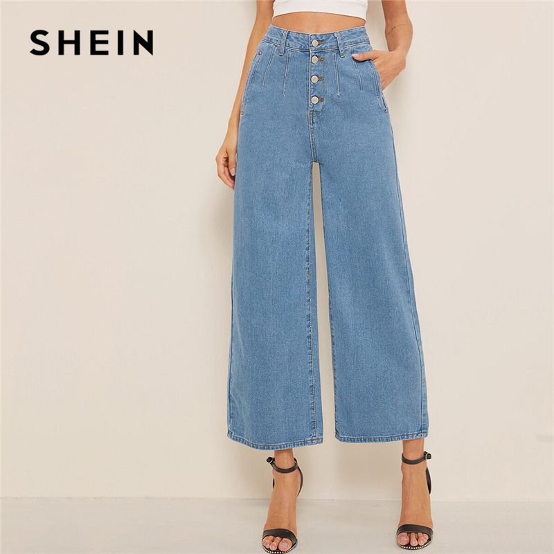 Compra Botón Shein Azul Flojo Pierna Ancha Denim Jeans Mujeres Del Otoño  Del Verano Sólido De Alta Cintura De Cultivos Informal De La Calle  Principal De Las Señoras De Los Pantalones Vaqueros