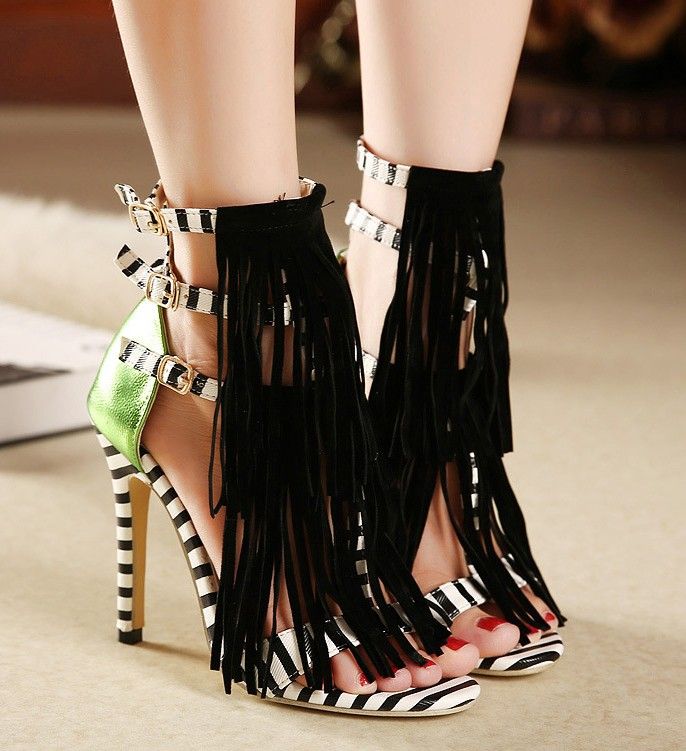 black tassel heels