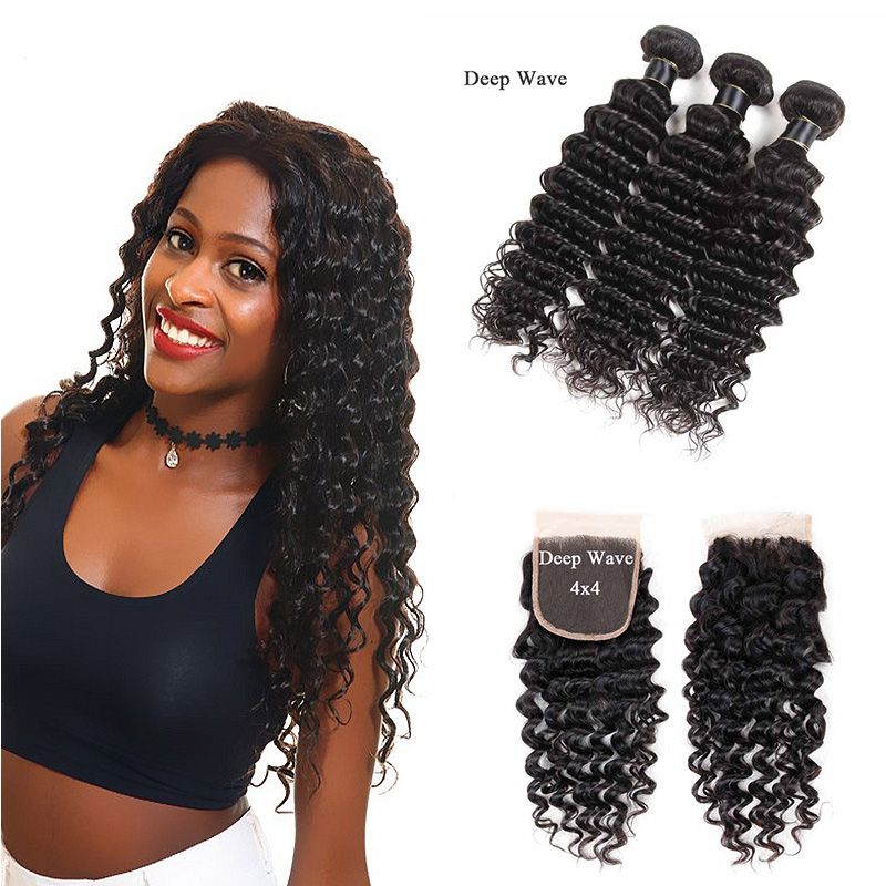 Indian Deep Wave Human Hair 3 Bundles With 4x4 Closure Peruvian Deep Wave Hair Bundles With Lace Closure Remy Hair Extensions With Closure Hair Weaves