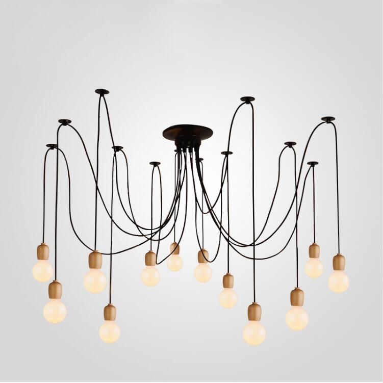 Retro Wood Loft Lustre Spider Pendant Light Adjustable Vintage Pendant Lamps Industrial Nordic Ceiling Lamps Edison Light Bulb Chandelier Blown Glass