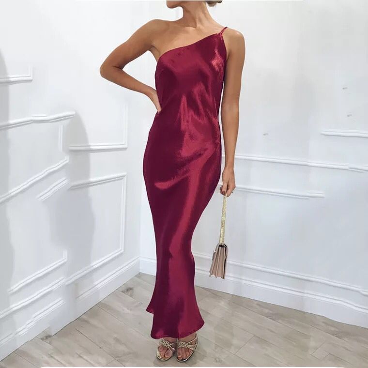 one sleeve burgundy dress