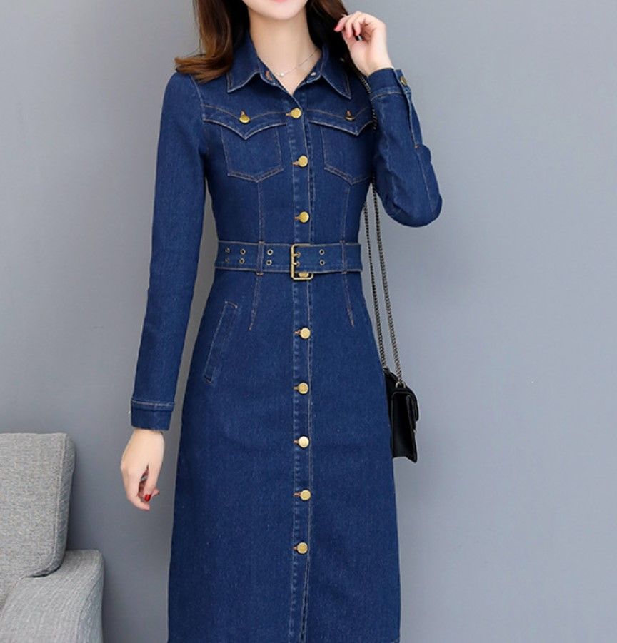 Women Belt Long Summer Denim Dress Korean Fashion Short Sleeved Jean  Dresses French Style Lapel Single Breasted Cowboy Vestidos