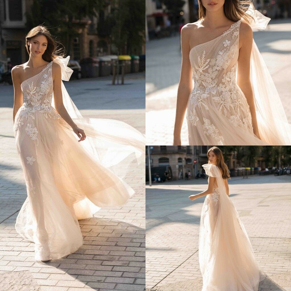 Discount 2019 Sexy Wedding Gowns A Line One Shoulder Sleeveless Champag Tulle Backless Custom Made Appliques Beading Beach Bridal Gowns Dreses Dress For Wedding Maternity Wedding Dresses From Toysmith 159 8 Dhgate Com