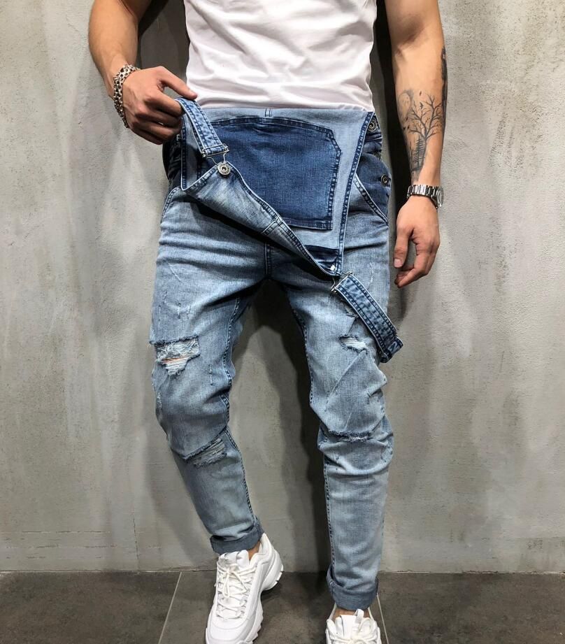 Compra Moda Para Hombre Ripped Designer Jeans Monos Agujero Agotado Babero  Overol Para El Hombre Pantalones De Liga Tamaño Asiático Barato | Entrega  Rápida Y Calidad | Es.Dhgate