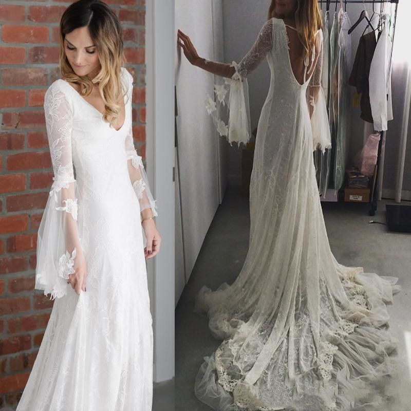 boho wedding dress with bell sleeves