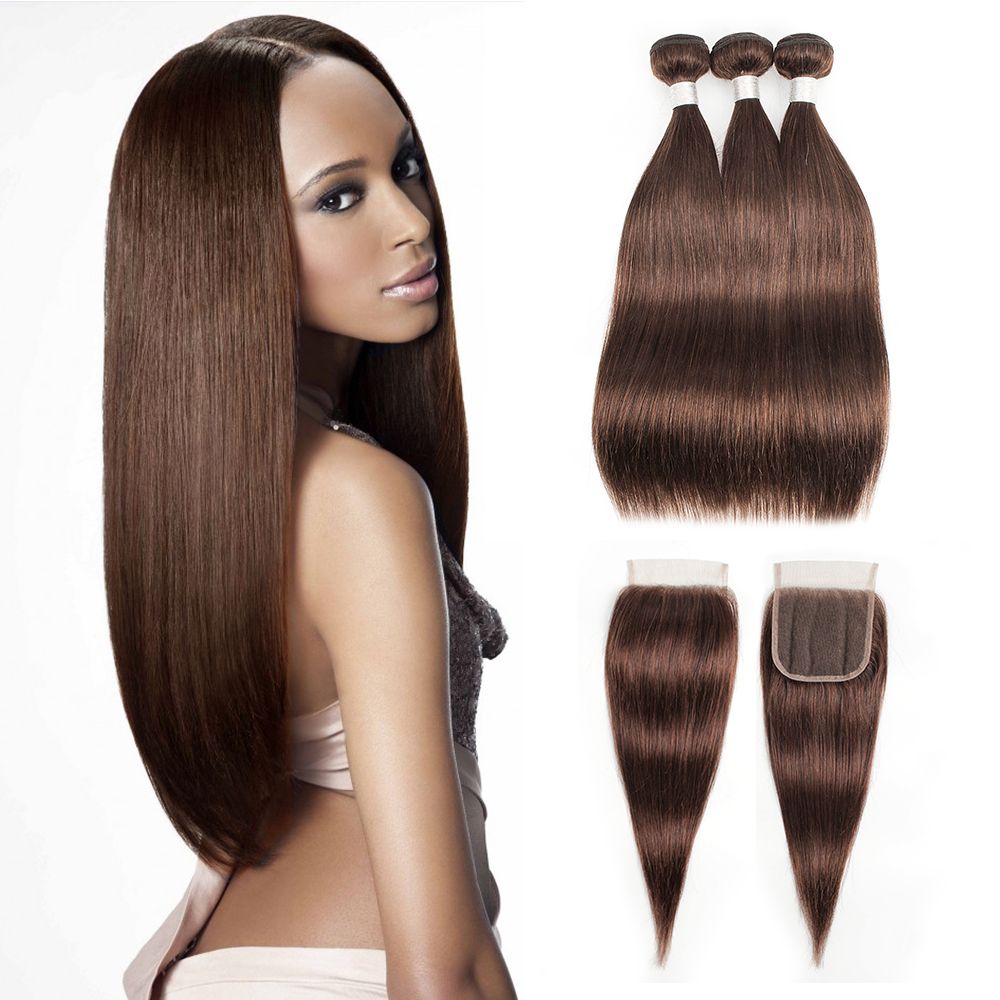 2019 4 Chocolate Brown Straight Hair Bundles With Closure