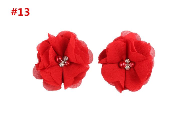 2pcs Lovely Girls Mini Chiffon Flowers with Pearl Rhinestone Center Hair Clips
