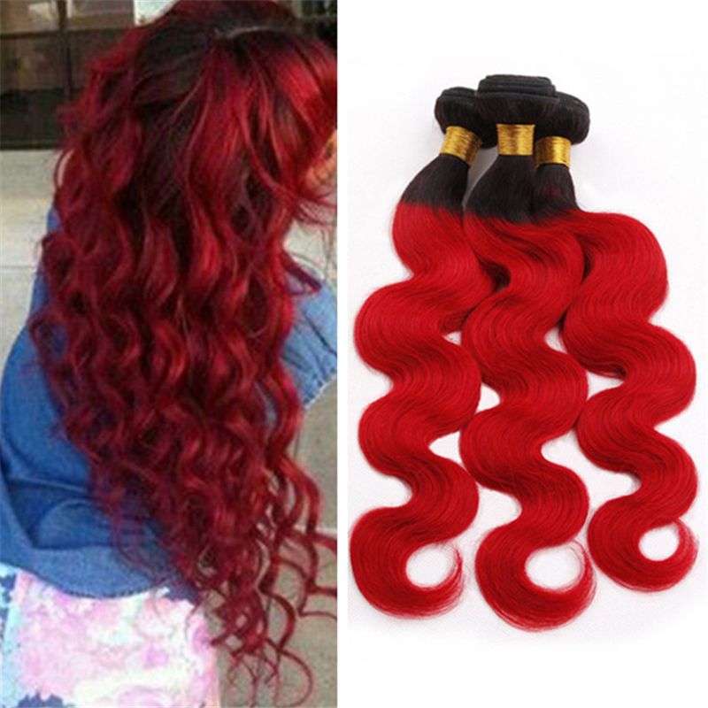 Two Tone 1b Red Ombre Indian Wavy Hair Weave Bundles Body Wave
