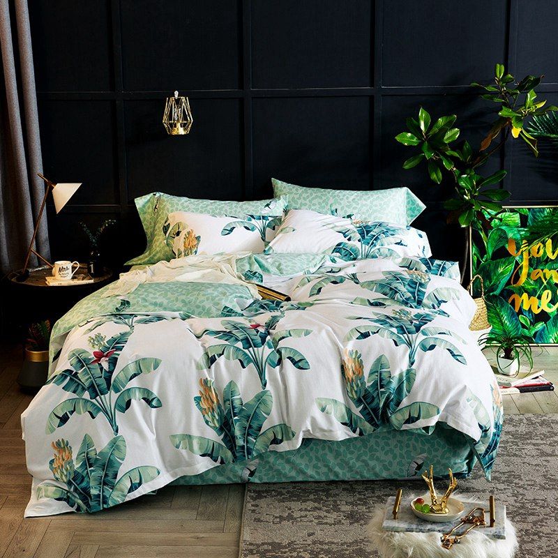 Tropical Egyptian Cotton Bedding Set Green Leaf Print Bedlinen